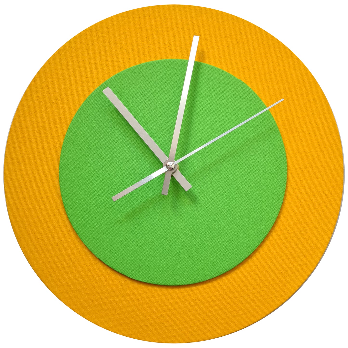 Pop Art Wanduhr Sonnengelb  Hellgrün mit silbernen Zeigern 30 cm rund
