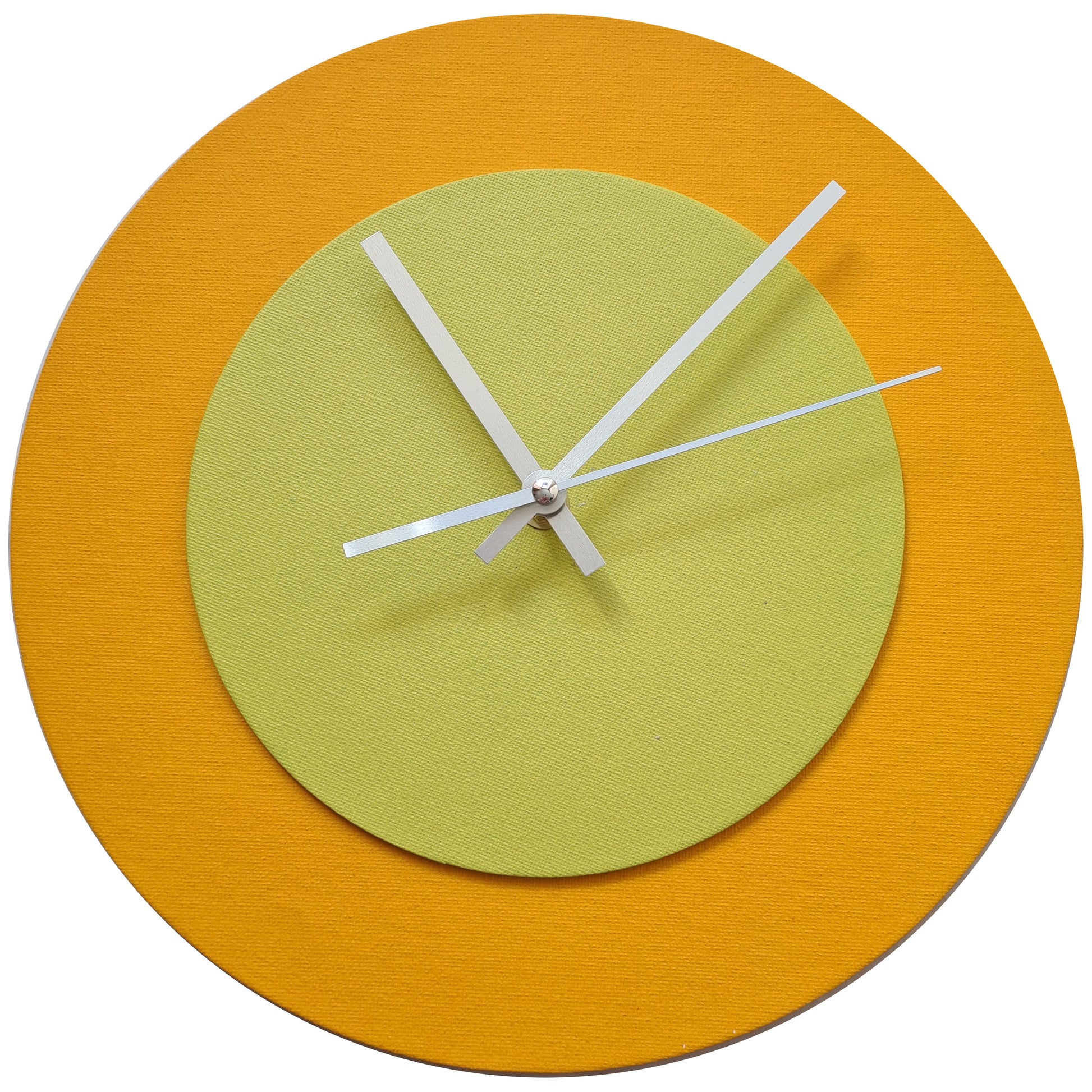 Pop Art Wanduhr Sonnengelb  Farngrün mit silbernen Zeigern 30 cm rund
