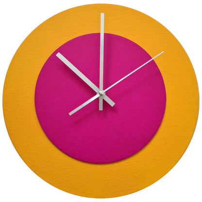 Pop Art Wanduhr Sonnengelb  Magentafarben mit silbernen Zeigern 30 cm rund
