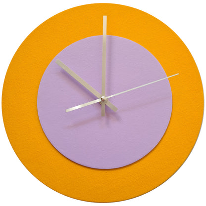Pop Art Wanduhr Sonnengelb  Fliederfarben mit silbernen Zeigern 30 cm rund
