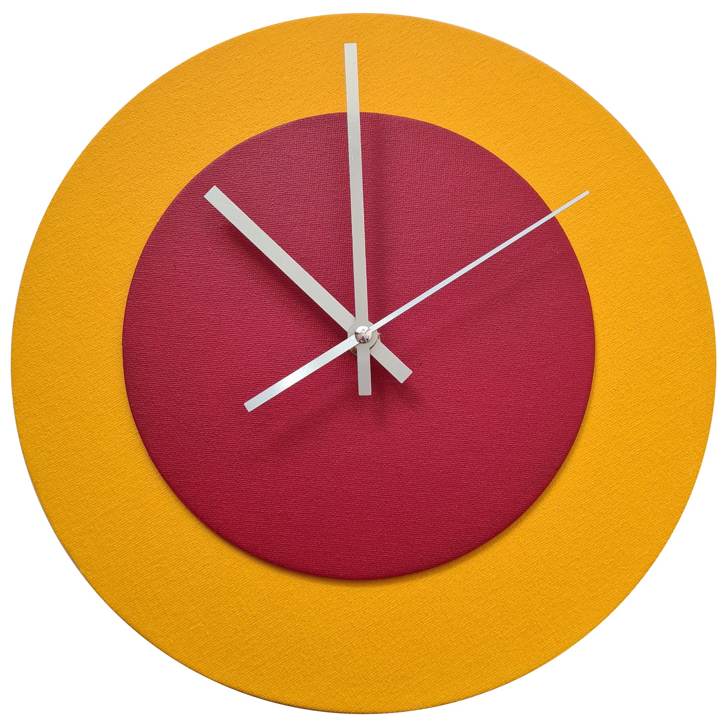 Pop Art Wanduhr Sonnengelb  Magentafarben mit silbernen Zeigern 30 cm rund
