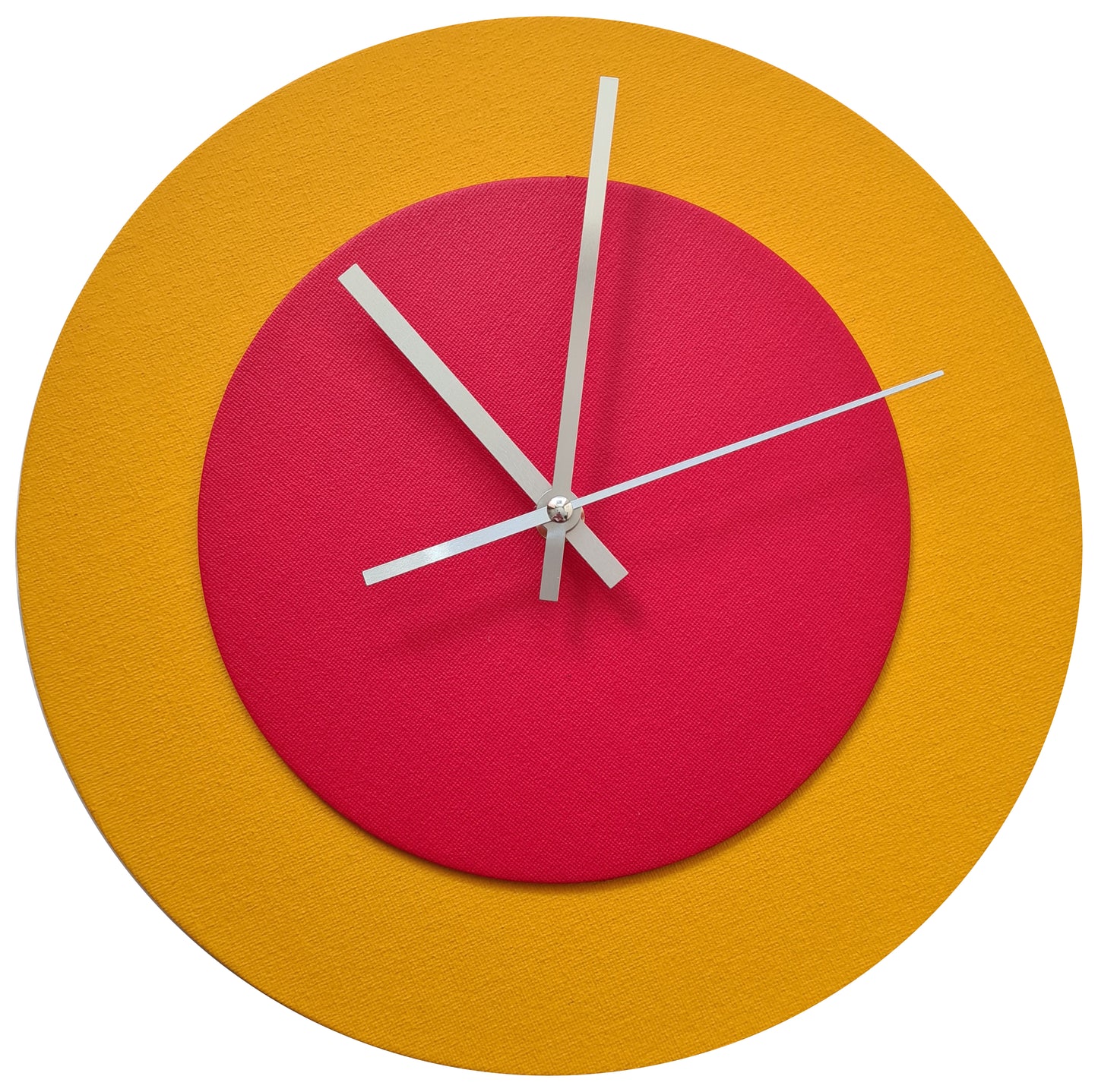 Pop Art Wanduhr Sonnengelb  Orangefarben mit silbernen Zeigern 30 cm rund
