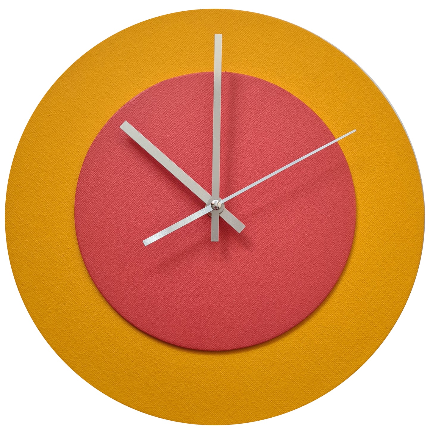 Pop Art Wanduhr Sonnengelb  Orangefarben mit silbernen Zeigern 30 cm rund
