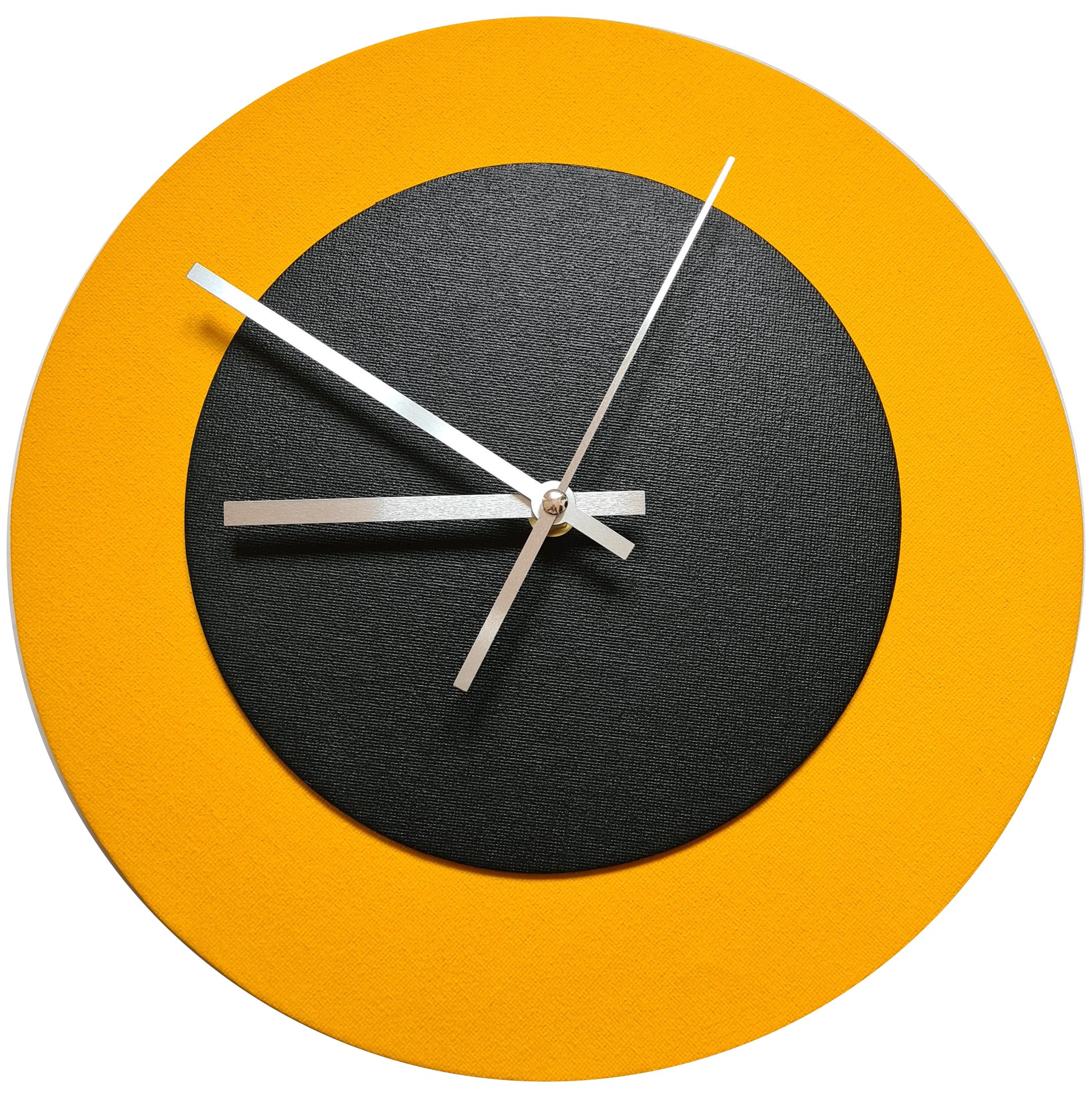Pop Art Wanduhr Sonnengelb  Schwarz mit silbernen Zeigern 30 cm rund
