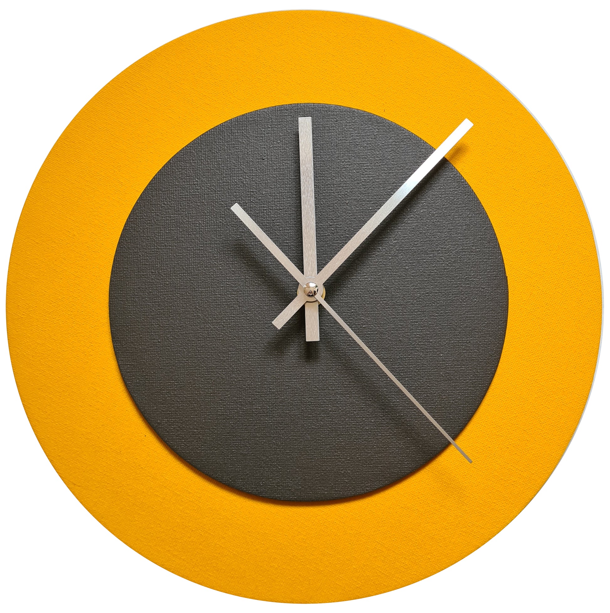 Pop Art Wanduhr Sonnengelb  Dunkelbraun mit silbernen Zeigern 30 cm rund
