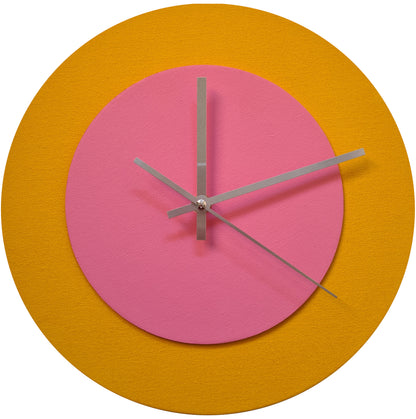 Pop Art Wanduhr Sonnengelb  Rosafarben mit silbernen Zeigern 30 cm rund
