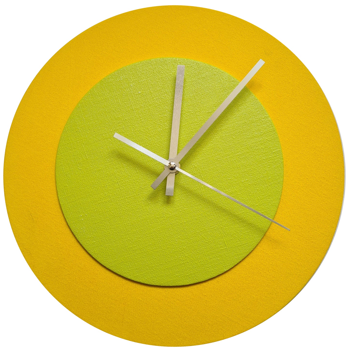 Pop Art Wanduhr Sonnengelb  Farngrün mit silbernen Zeigern 30 cm rund
