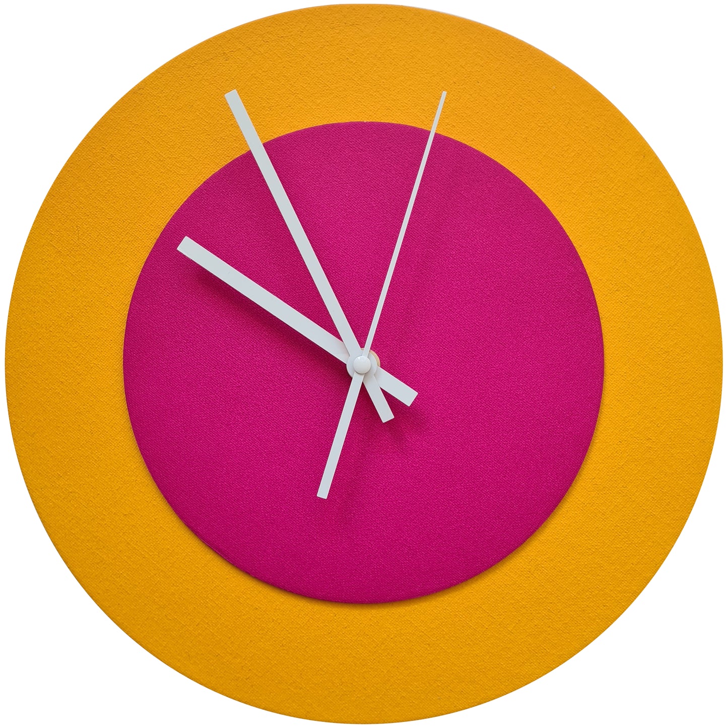 Pop Art Wanduhr Sonnengelb  Magentafarben mit weißen Zeigern 30 cm rund
