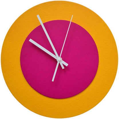 Pop Art Wanduhr Sonnengelb  Magentafarben mit weißen Zeigern 30 cm rund
