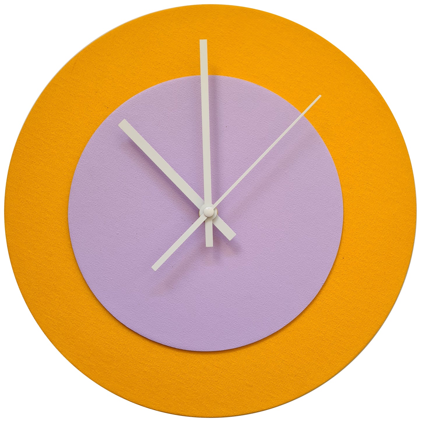 Pop Art Wanduhr Sonnengelb  Fliederfarben mit weißen Zeigern 30 cm rund
