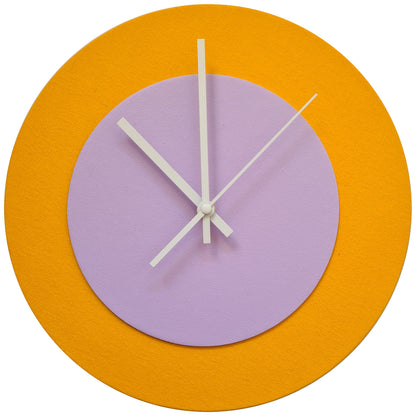 Pop Art Wanduhr Sonnengelb  Fliederfarben mit weißen Zeigern 30 cm rund
