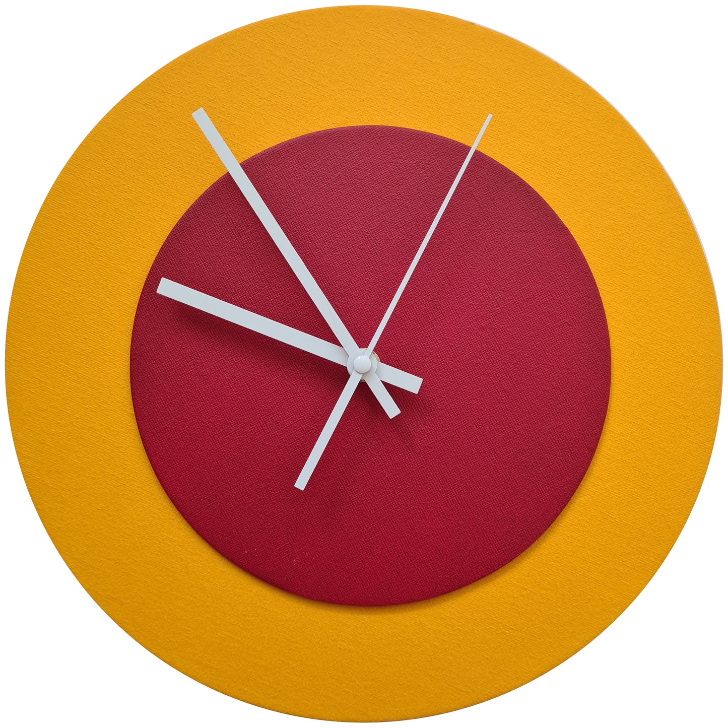 Pop Art Wanduhr Sonnengelb  Dunkelrot mit  weißen Zeigern 30 cm rund
