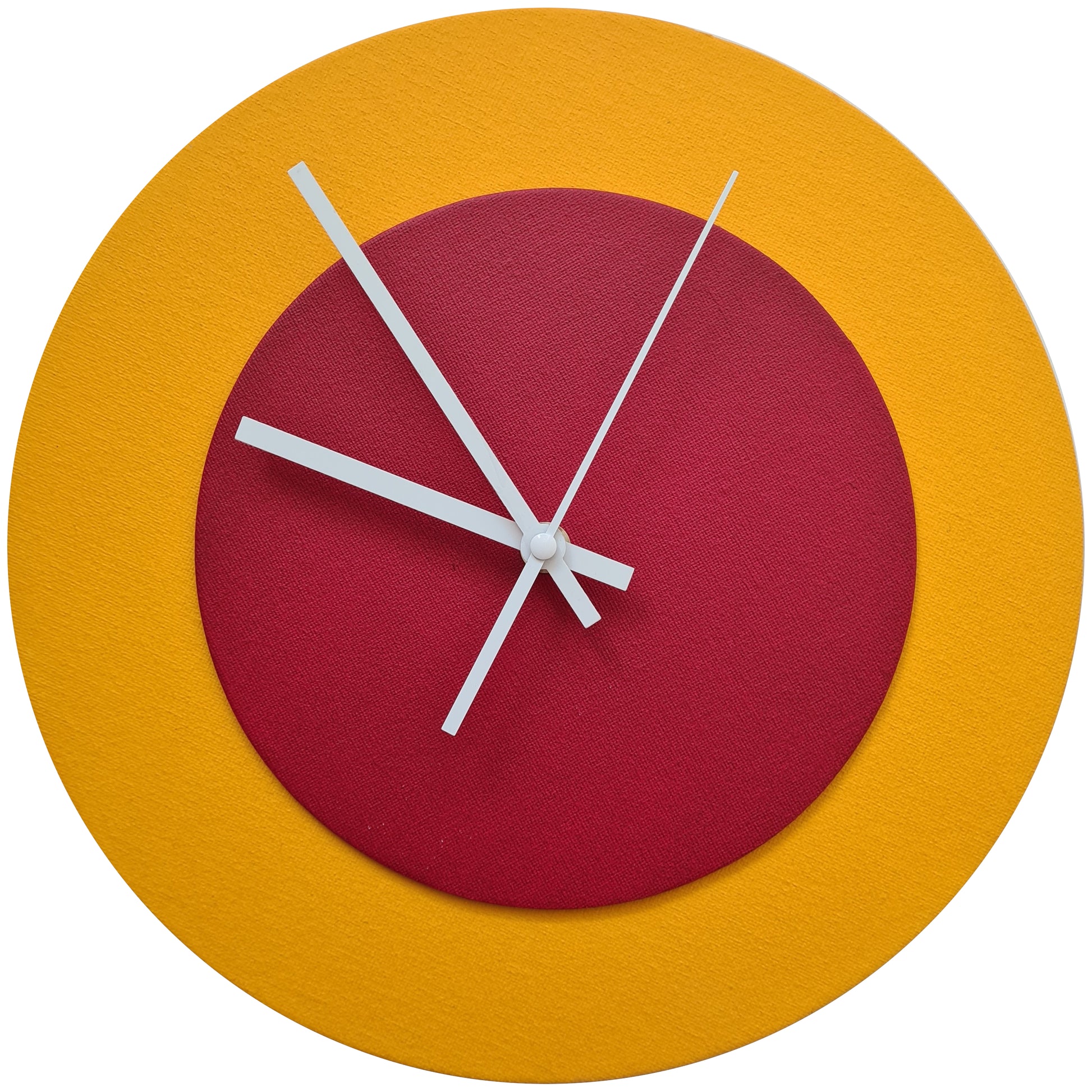 Pop Art Wanduhr Sonnengelb  Dunkelrot mit  weißen Zeigern 30 cm rund
