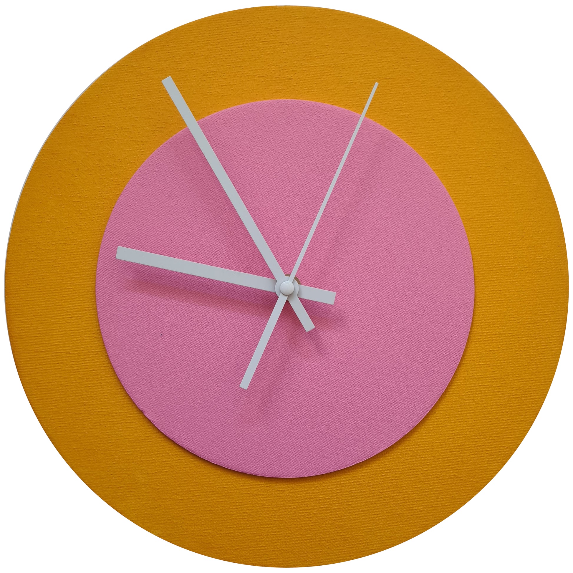 Pop Art Wanduhr Sonnengelb  Rosafarben mit weißen Zeigern 30 cm rund

