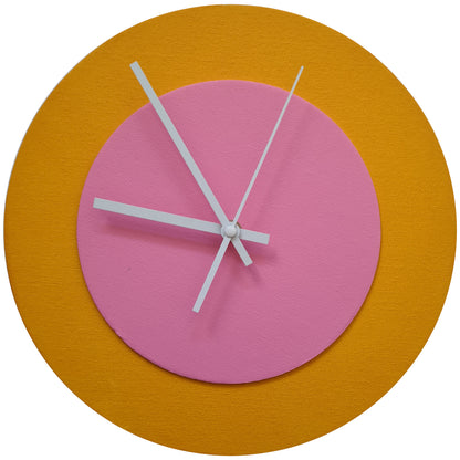 Pop Art Wanduhr Sonnengelb  Rosafarben mit weißen Zeigern 30 cm rund
