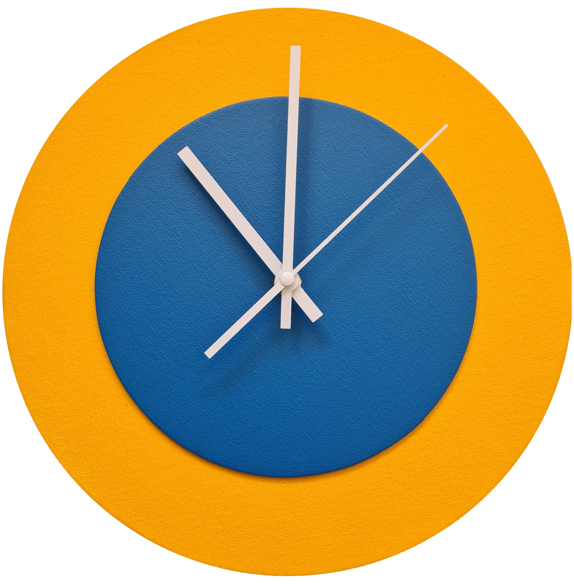 Pop Art Wanduhr Sonnengelb  Mittelblau mit weißen Zeigern 30 cm rund
