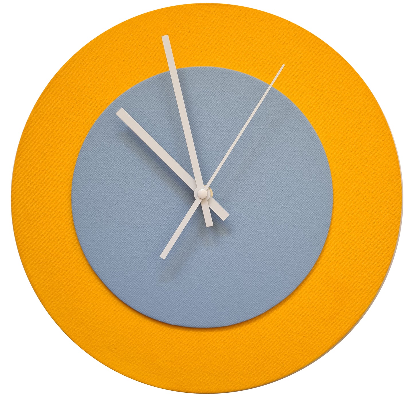 Pop Art Wanduhr Sonnengelb Hellblau  mit weißen Zeigern 30 cm rund
