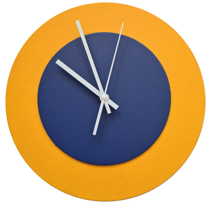 Pop Art Wanduhr Sonnengelb  Dunkelblau mit weißen Zeigern 30 cm rund
