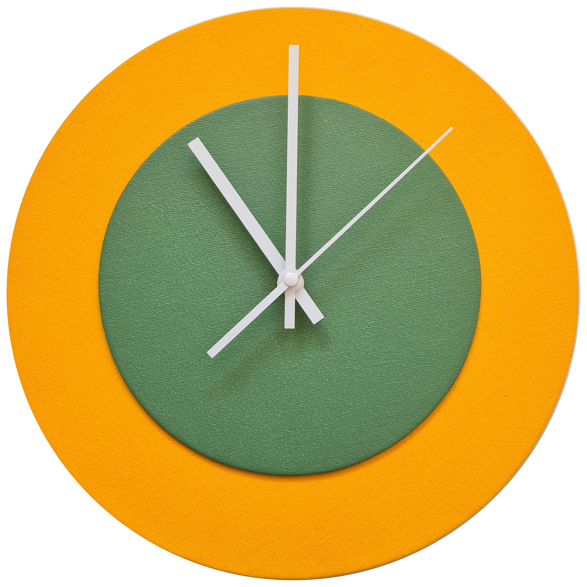 Pop Art Wanduhr Sonnengelb  Laubgrün mit weißen Zeigern 30 cm rund
