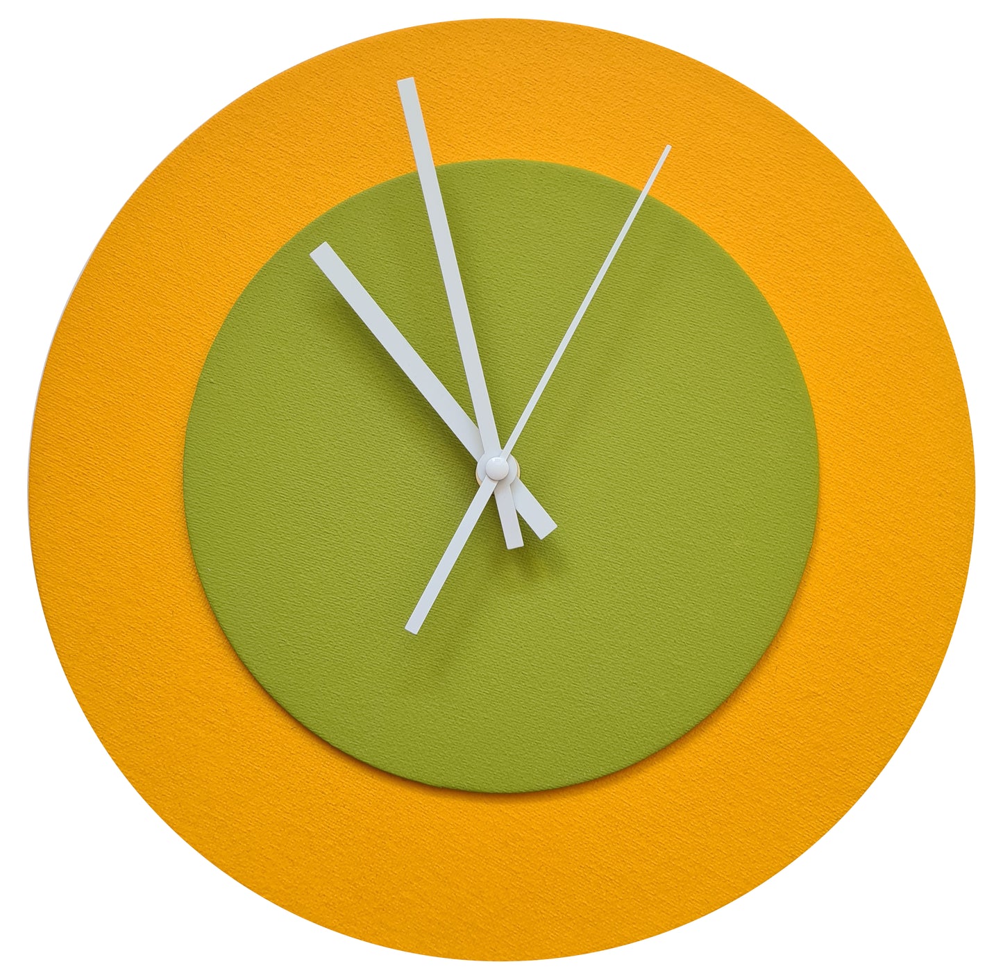 Pop Art Wanduhr Sonnengelb  Olivgrün mit weißen Zeigern 30 cm rund
