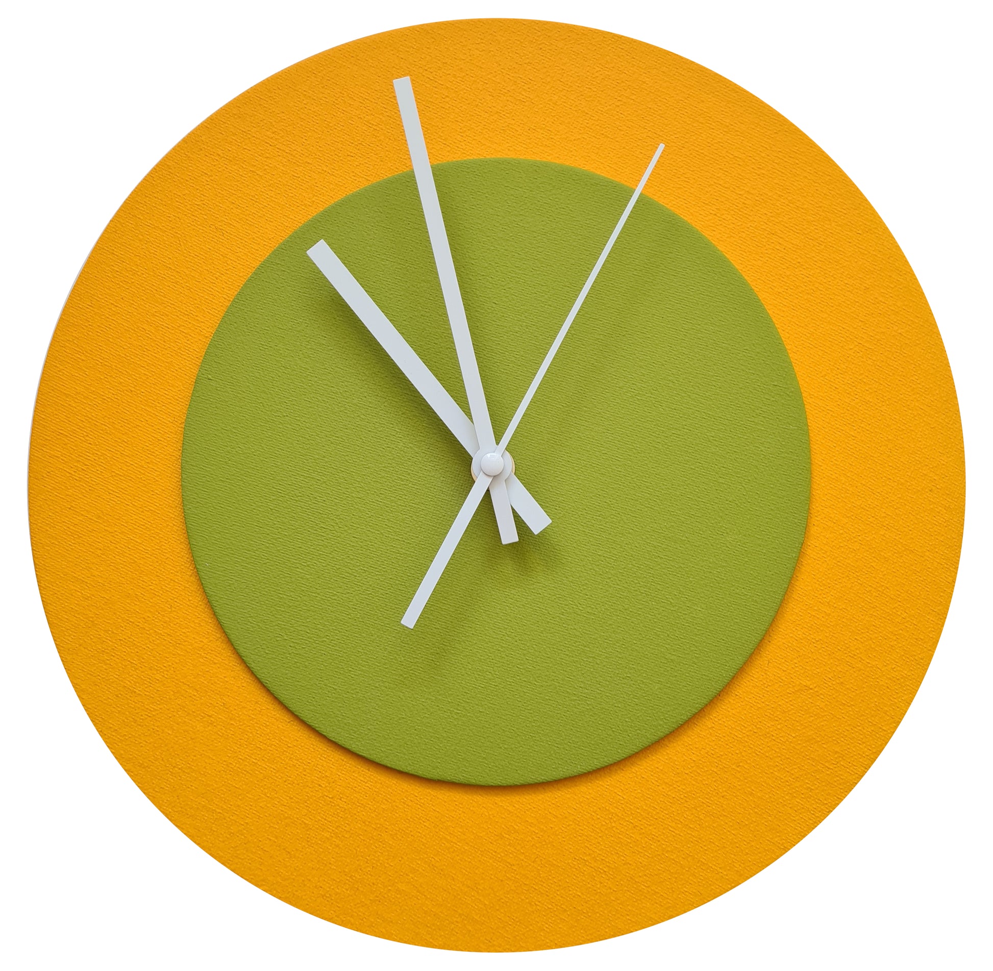 Pop Art Wanduhr Sonnengelb  Olivgrün mit weißen Zeigern 30 cm rund
