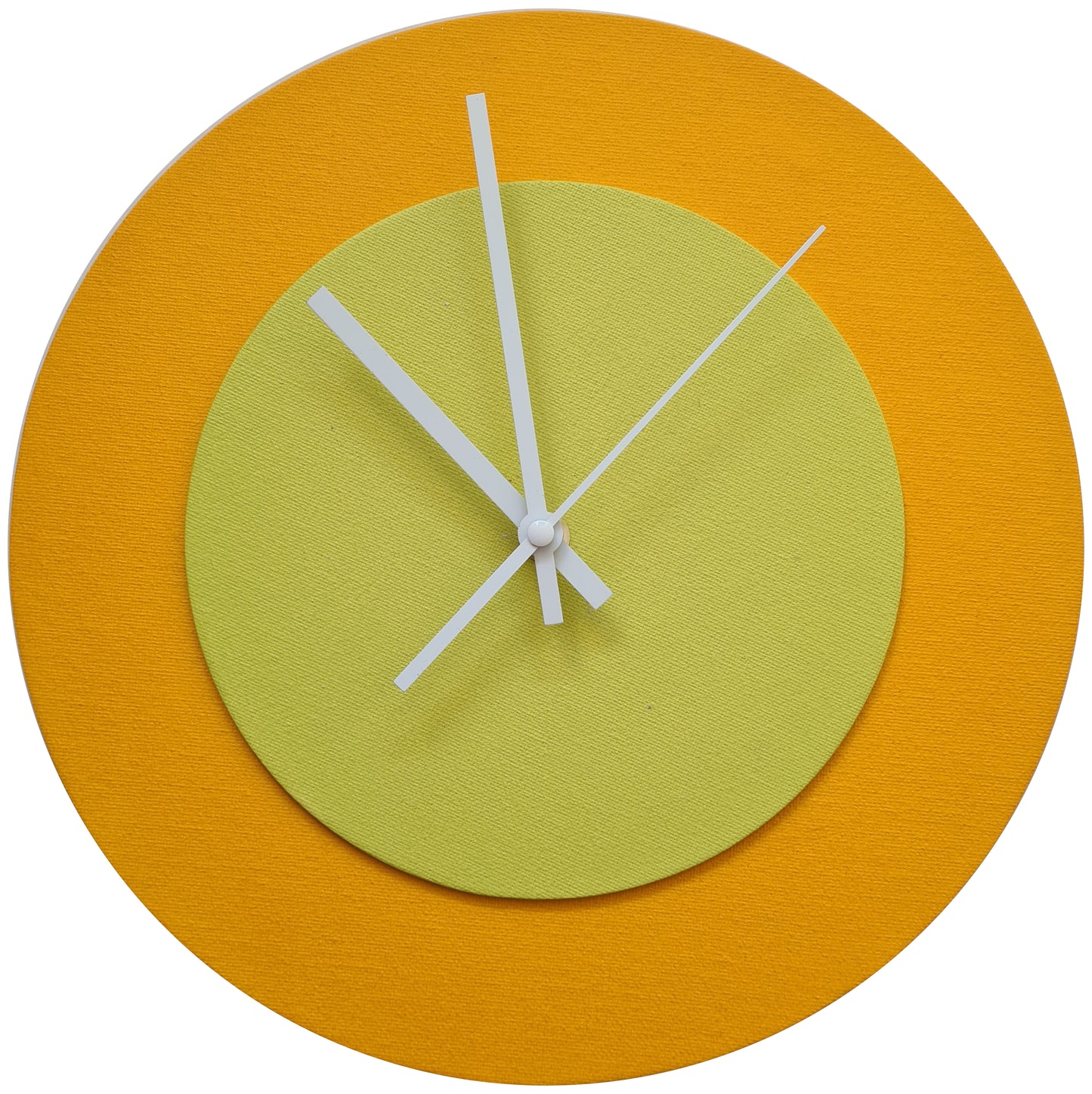 Pop Art Wanduhr Sonnengelb  Farngrün mit weißen Zeigern 30 cm rund
