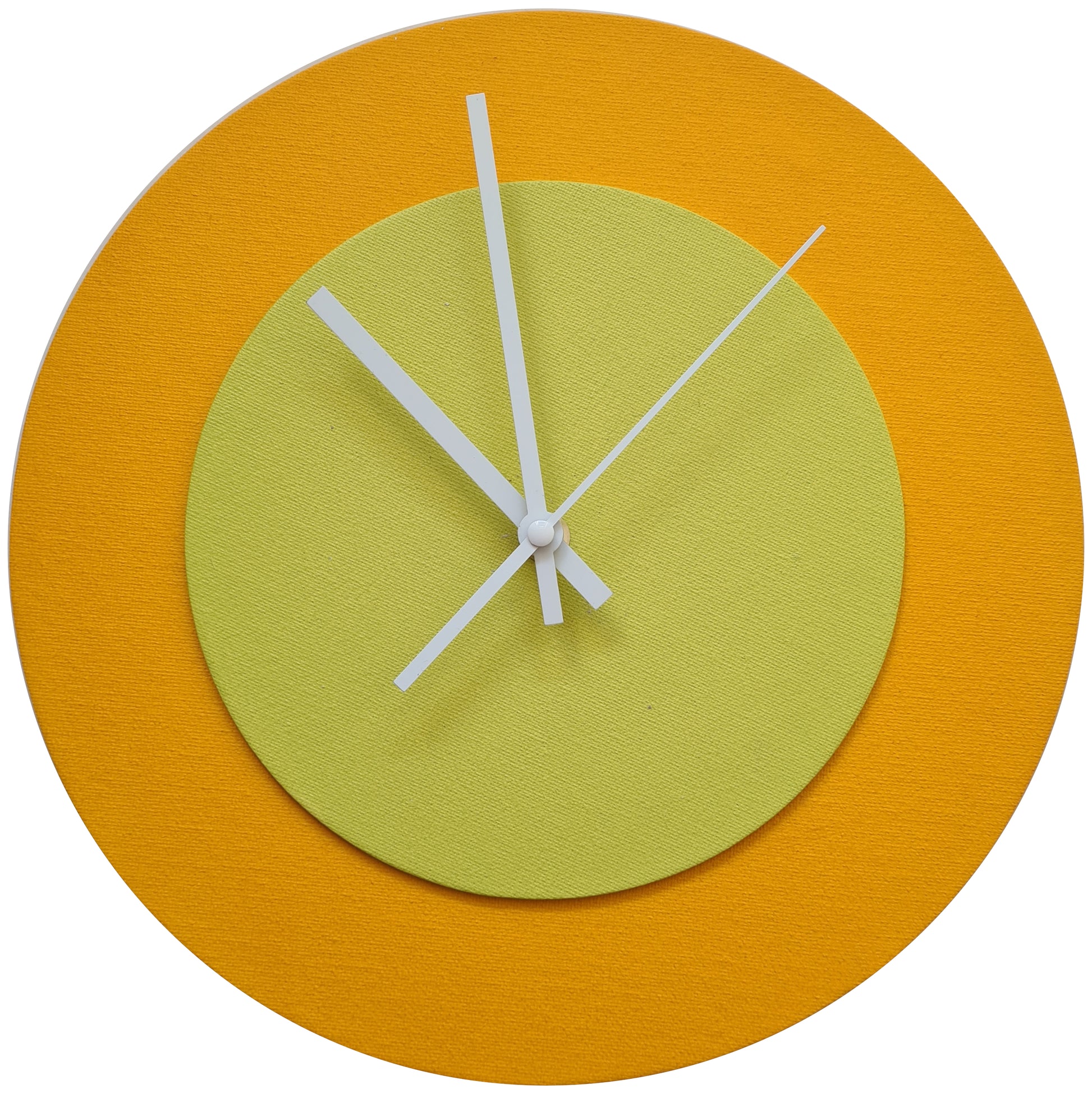 Pop Art Wanduhr Sonnengelb  Farngrün mit weißen Zeigern 30 cm rund
