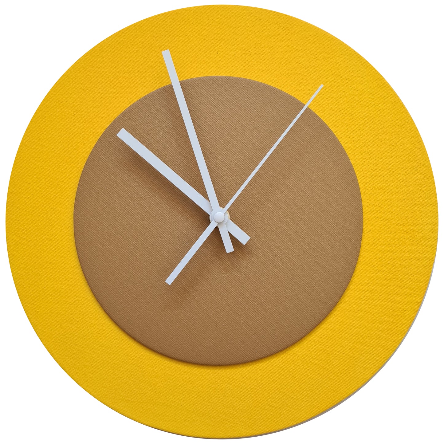 Pop Art Wanduhr Sonnengelb  Hellbraun mit weißen Zeigern 30 cm rund
