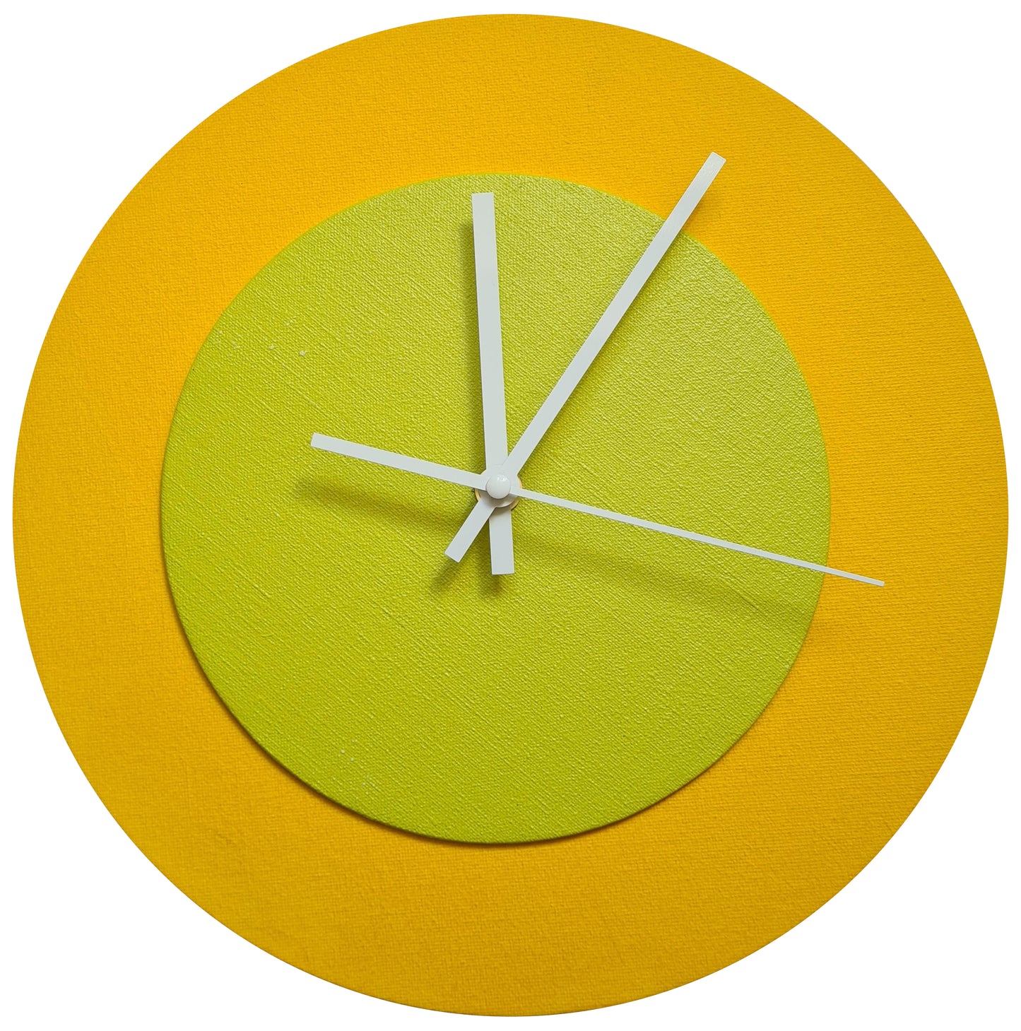 Pop Art Wanduhr Sonnengelb  Farngrün mit weißen Zeigern 30 cm rund
