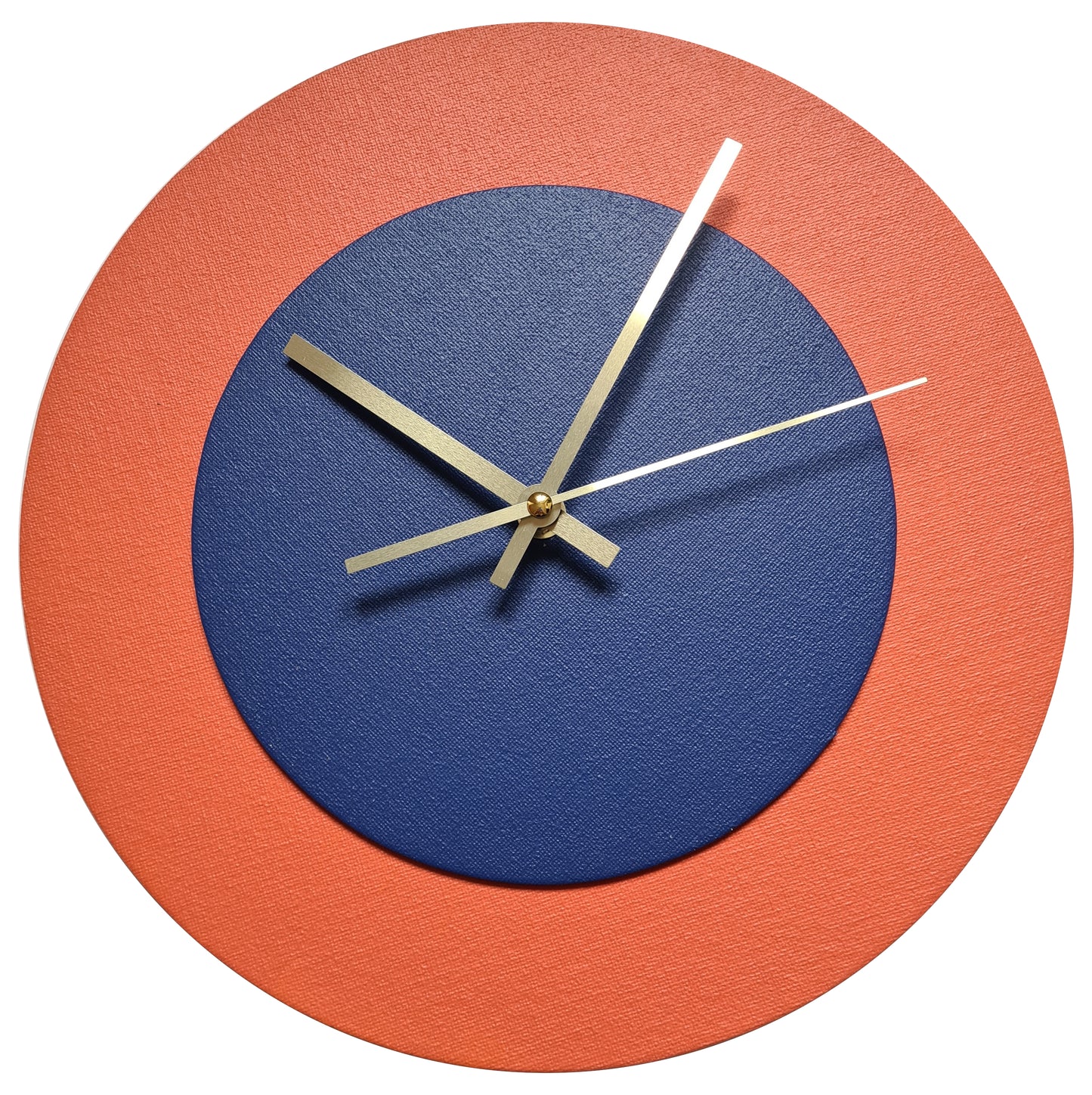 Pop Art Wanduhr Orange  Dunkelblau mit goldenen Zeigern 30 cm rund
