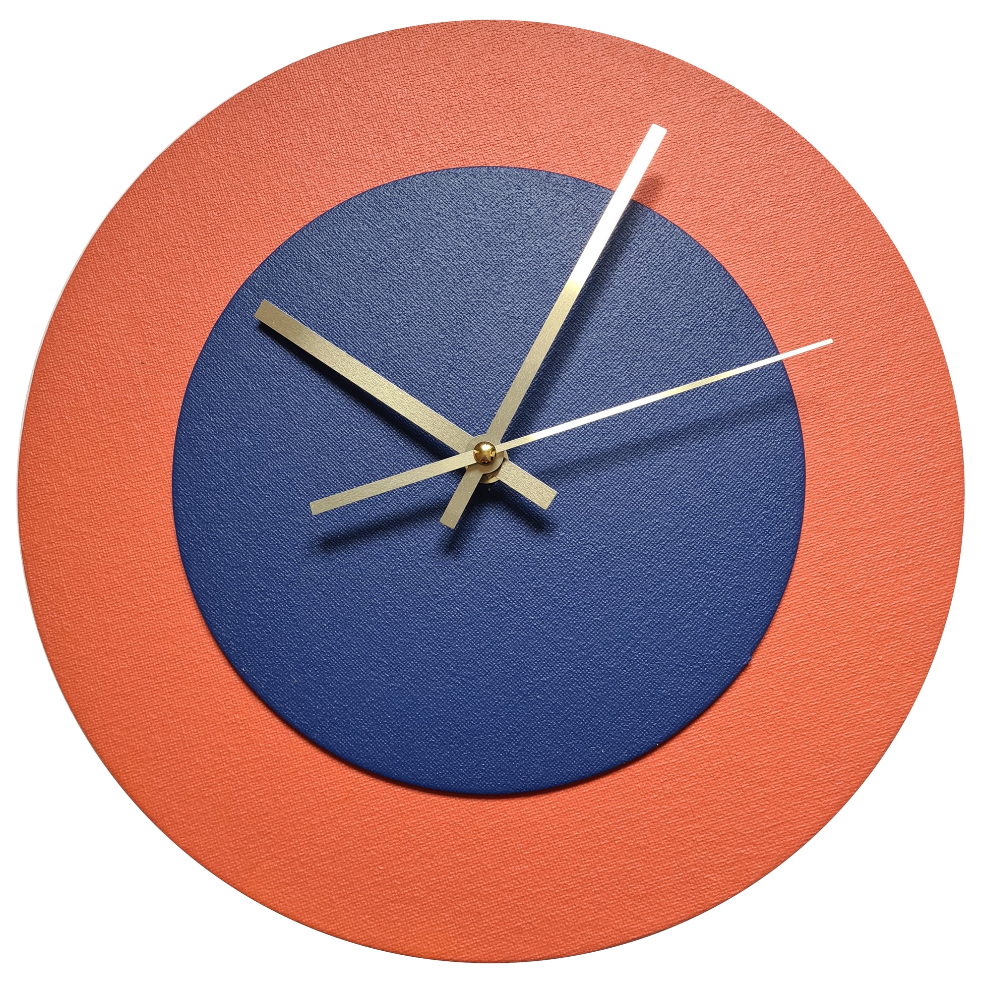 Pop Art Wanduhr Orange  Dunkelblau mit goldenen Zeigern 30 cm rund
