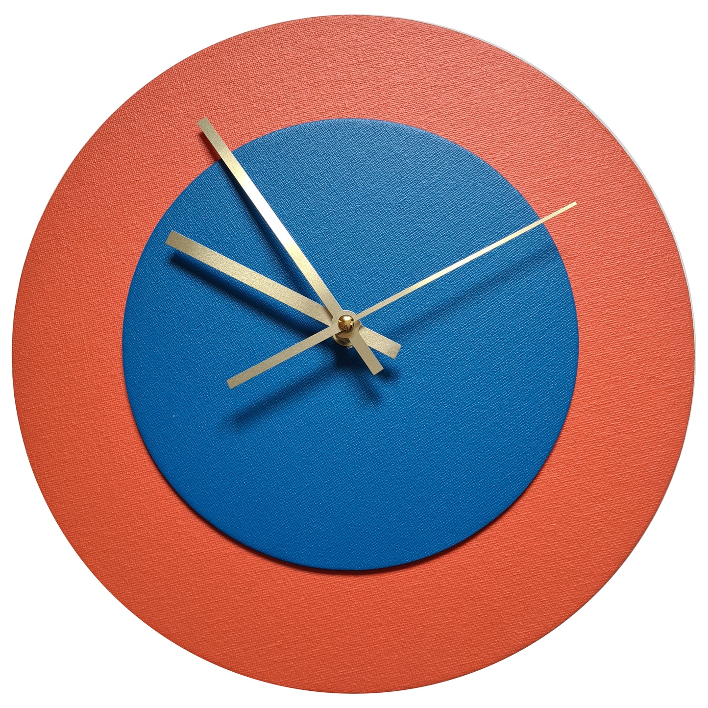 Pop Art Wanduhr Orange  Mittelblau mit goldenen Zeigern 30 cm rund
