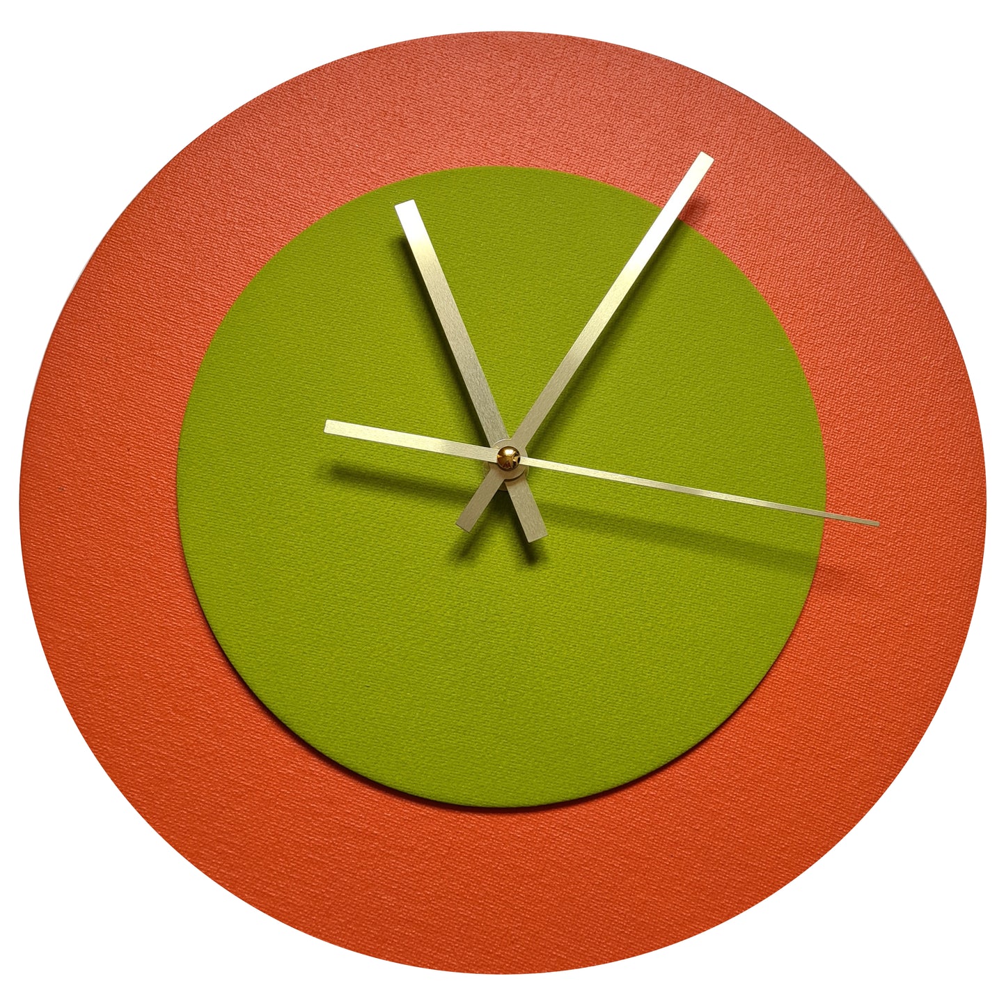 Pop Art Wanduhr Orange  Olivgrün mit goldenen Zeigern 30 cm rund
