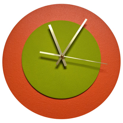 Pop Art Wanduhr Orange  Olivgrün mit goldenen Zeigern 30 cm rund
