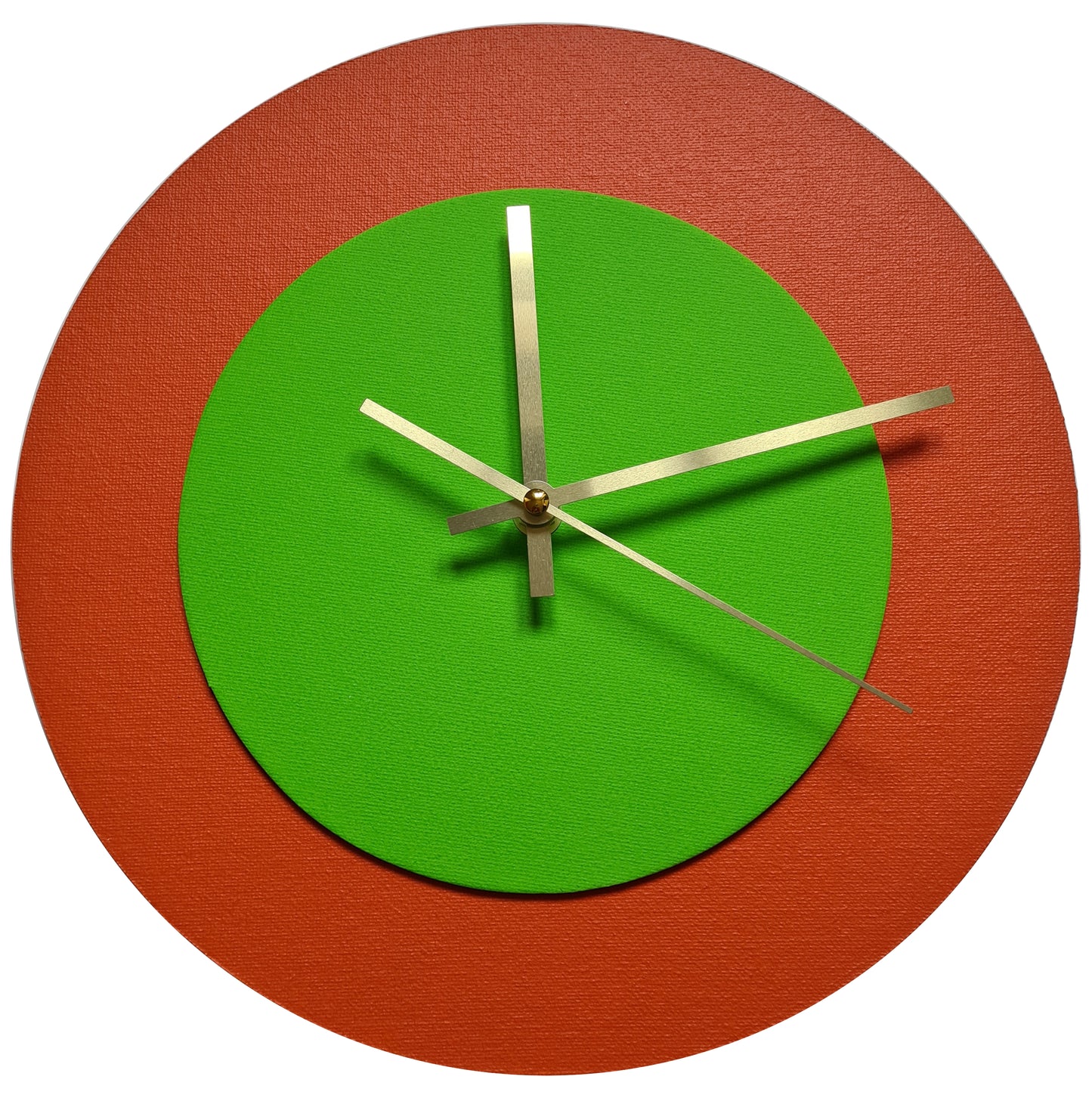 Pop Art Wanduhr Orange  Hellgrün mit goldenen Zeigern 30 cm rund
