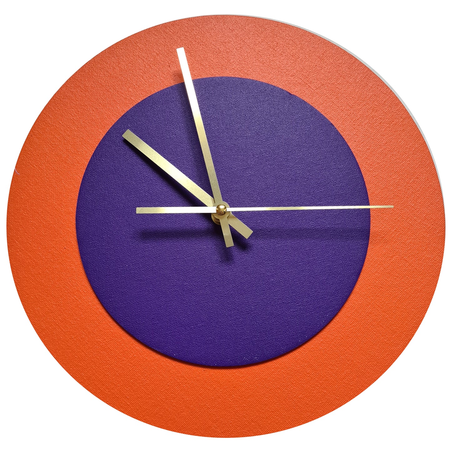 Pop Art Wanduhr Orange  Lilafarben mit goldenen Zeigern 30 cm rund
