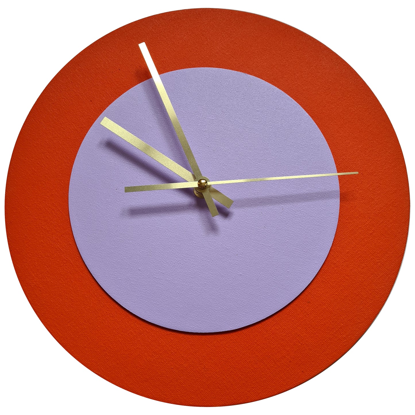 Pop Art Wanduhr Orange  Fliederfarben mit goldenen Zeigern 30 cm rund
