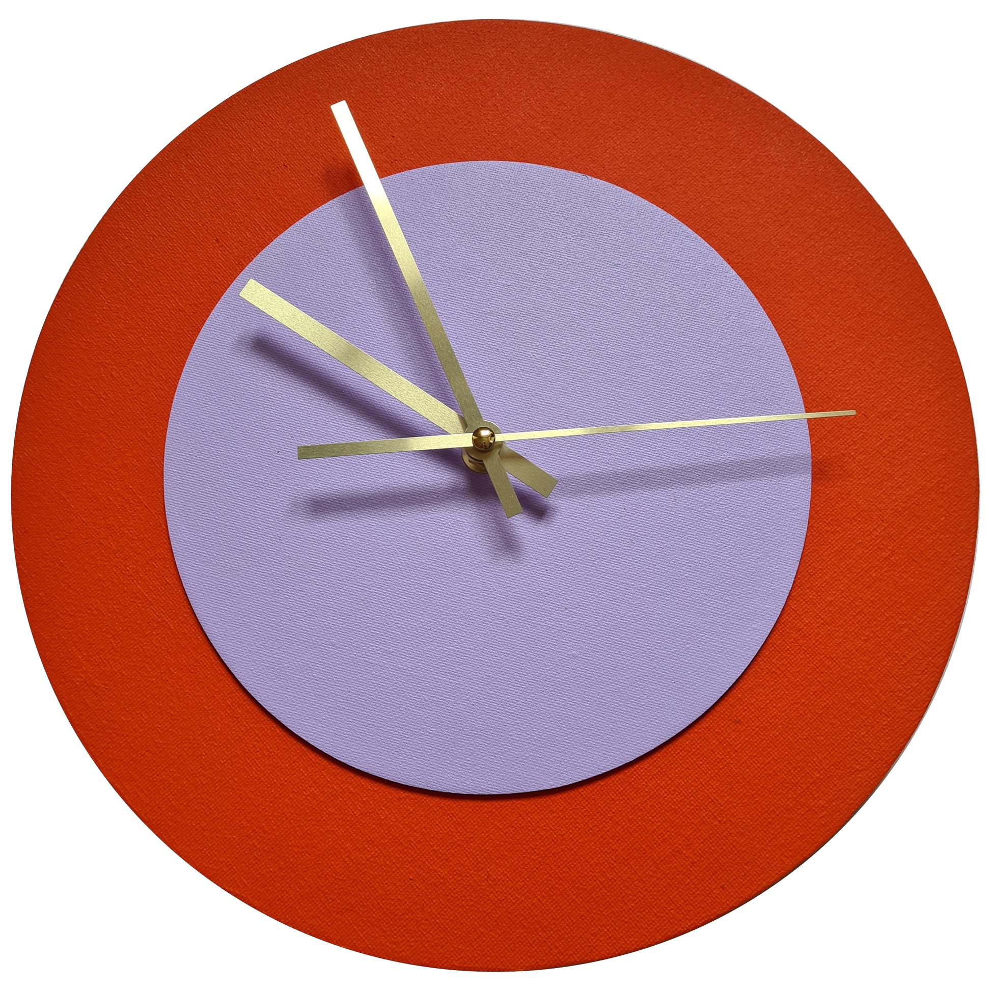 Pop Art Wanduhr Orange  Fliederfarben mit goldenen Zeigern 30 cm rund
