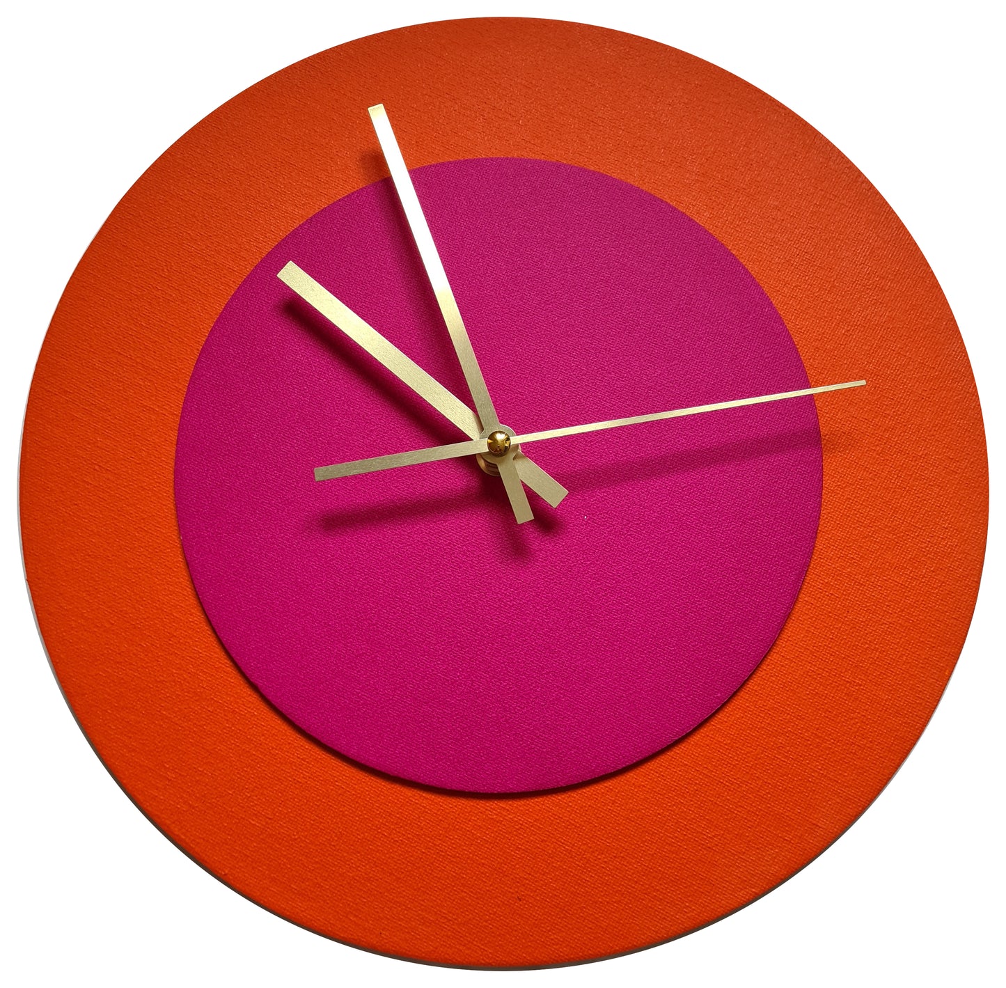 Pop Art Wanduhr Orange  Magentafarben mit goldenen Zeigern 30 cm rund
