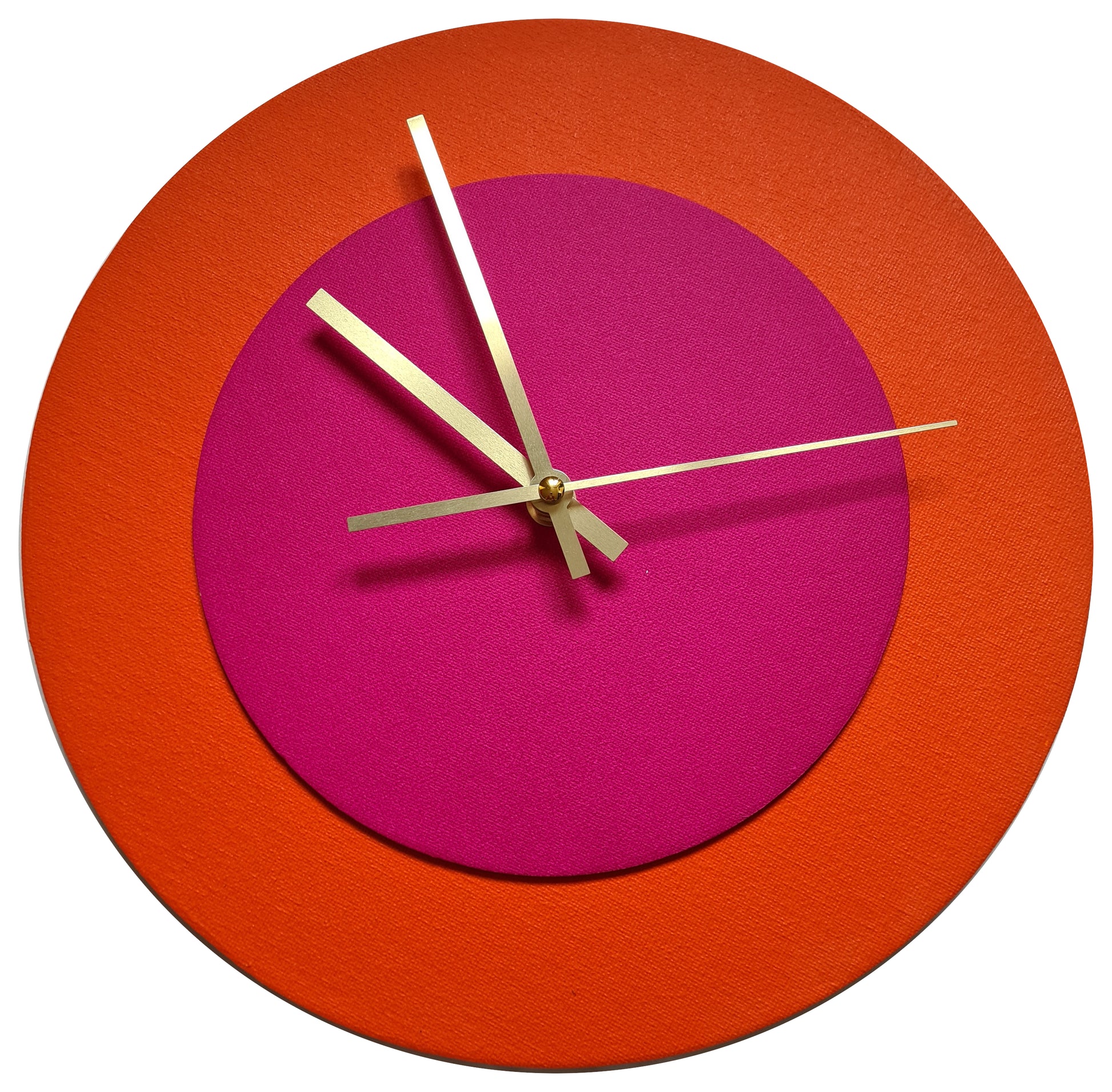 Pop Art Wanduhr Orange  Magentafarben mit goldenen Zeigern 30 cm rund
