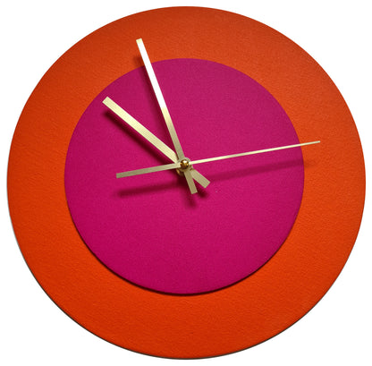Pop Art Wanduhr Orange  Magentafarben mit goldenen Zeigern 30 cm rund
