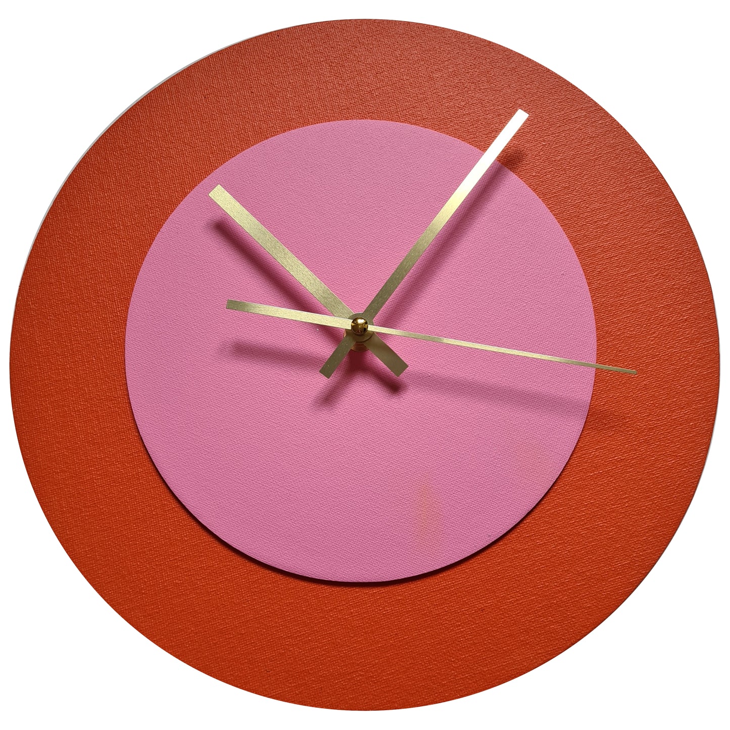 Pop Art Wanduhr Orange  Rosafarben mit goldenen Zeigern 30 cm rund
