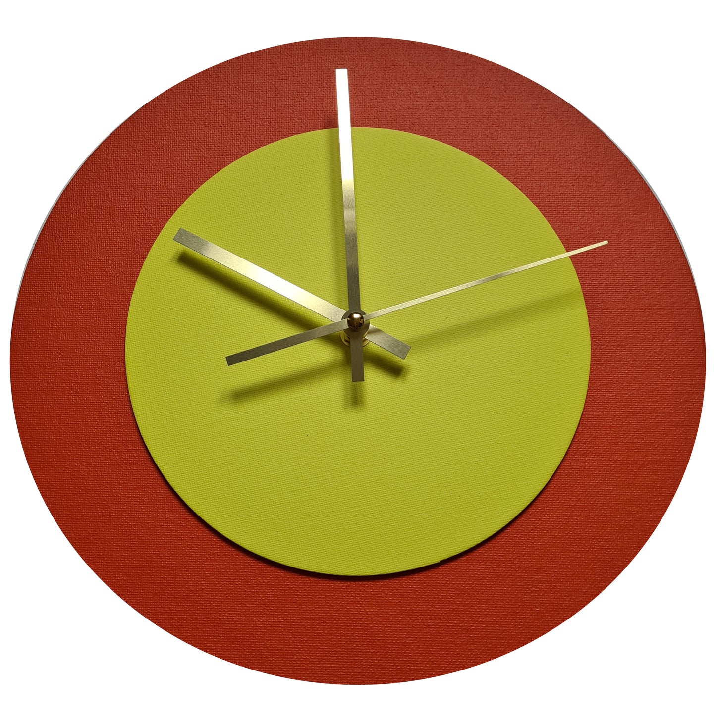 Pop Art Wanduhr Orange  Farngrün mit goldenen Zeigern 30 cm rund
