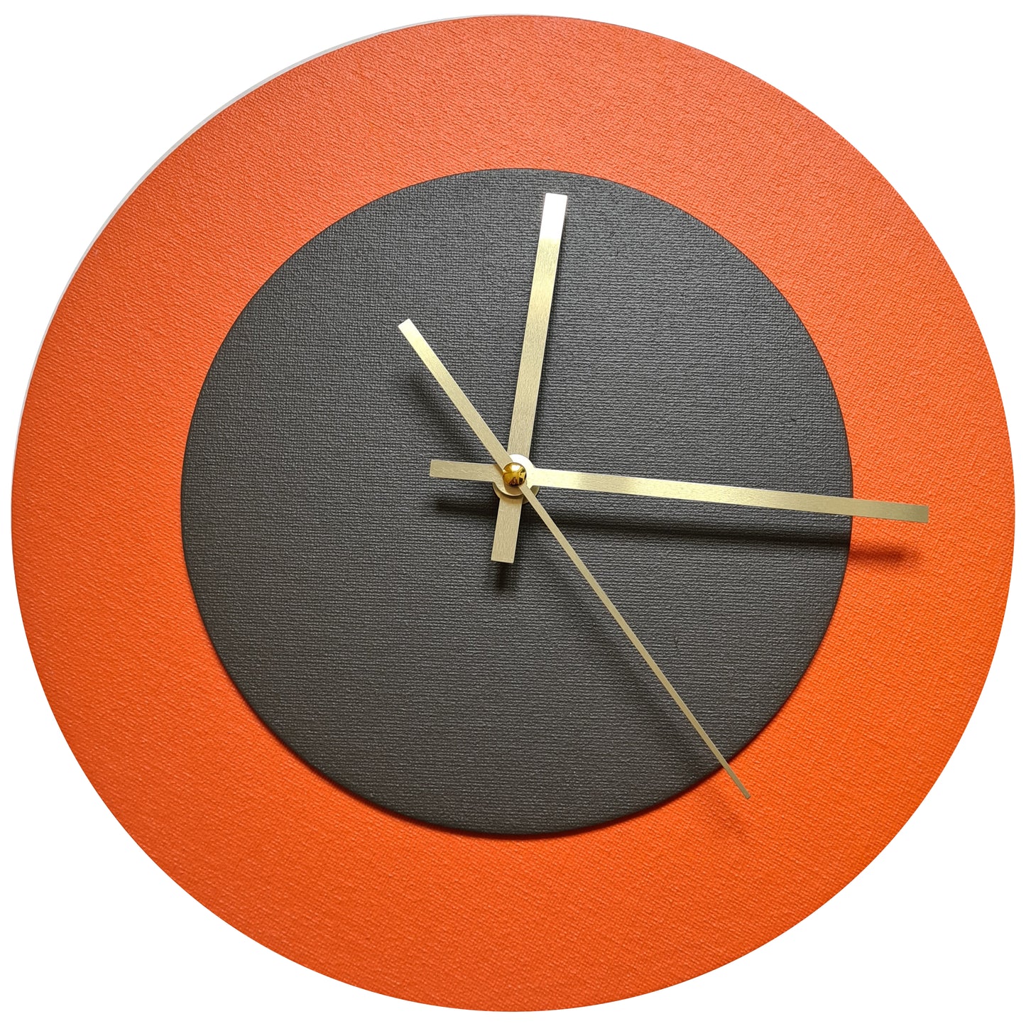 Pop Art Wanduhr Orange  Dunkelbraun mit goldenen Zeigern 30 cm rund
