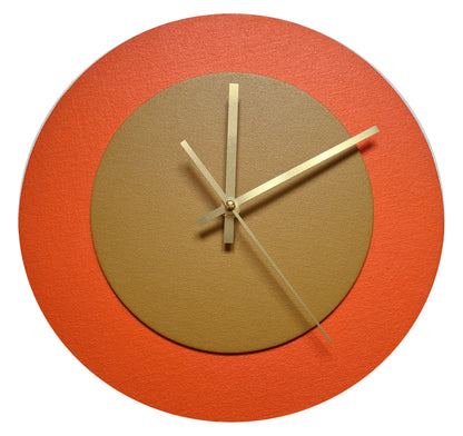 Pop Art Wanduhr Orange  Hellbraun mit goldenen Zeigern 30 cm rund
