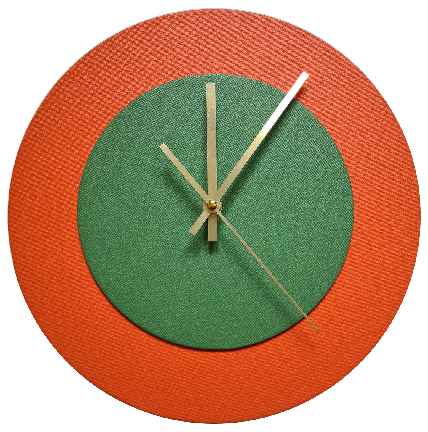 Pop Art Wanduhr Orange  Laubgrün mit goldenen Zeigern 30 cm rund
