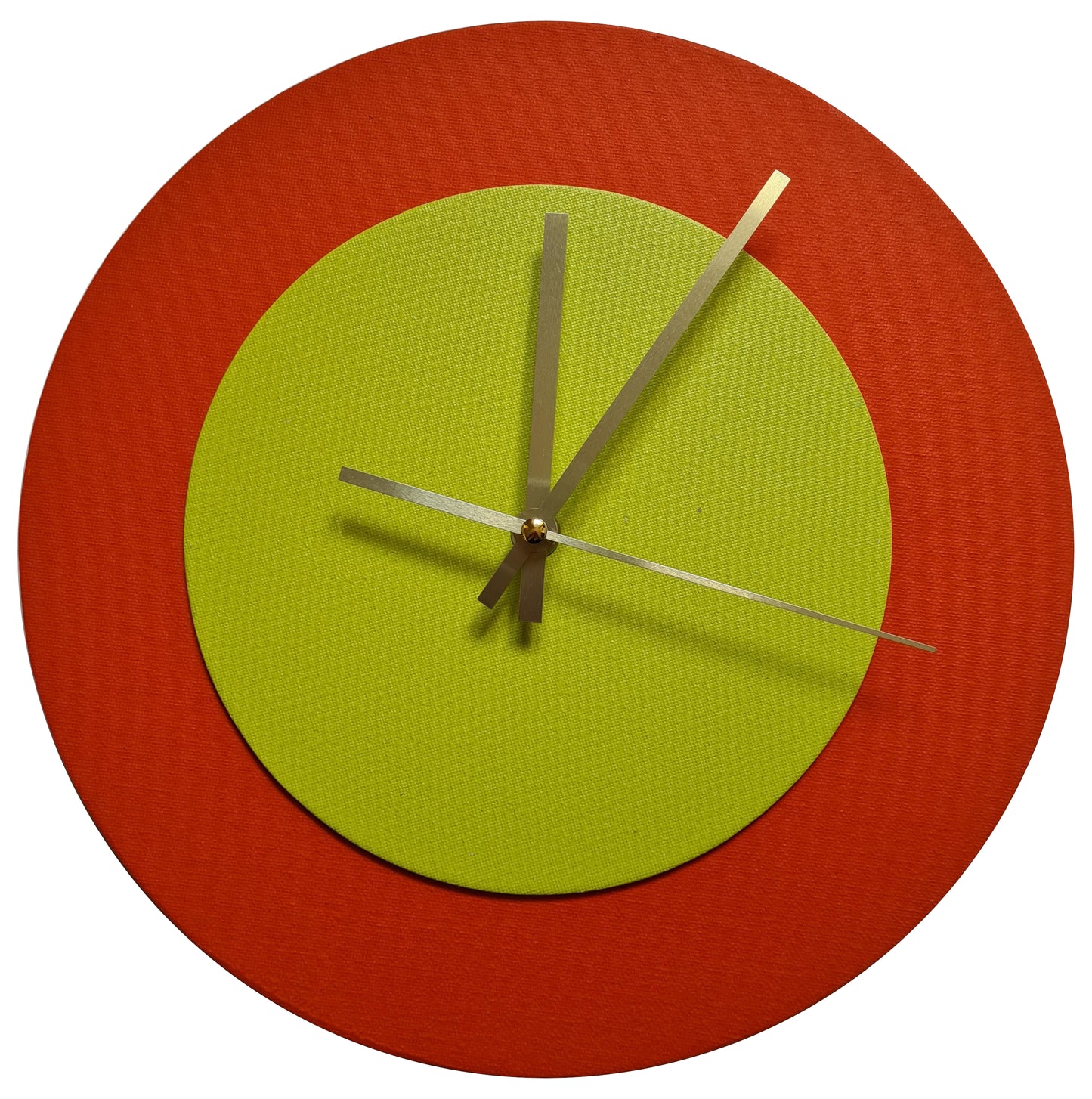 Pop Art Wanduhr Orange  Olivgrün mit goldenen Zeigern 30 cm rund
