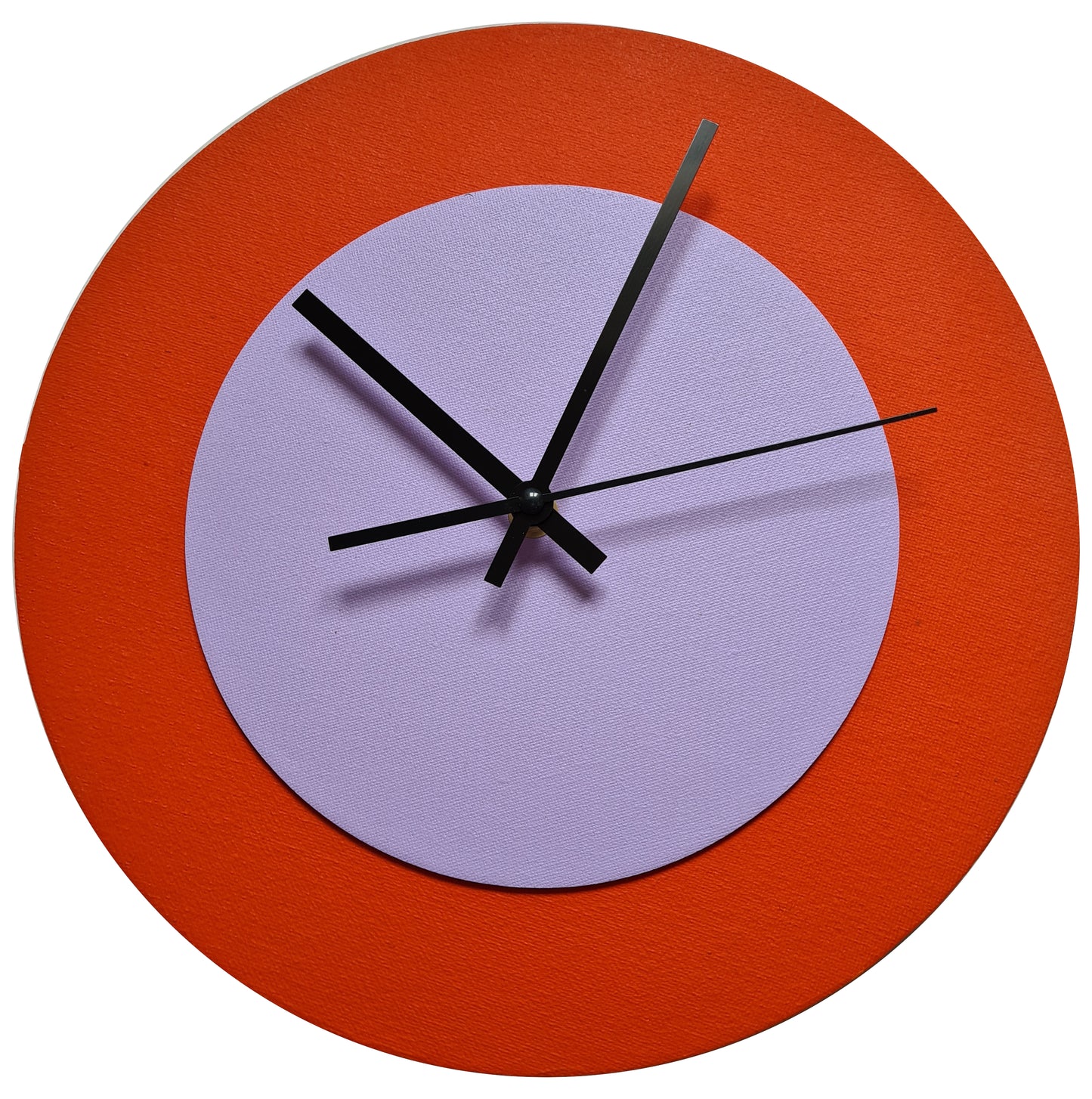 Pop Art Wanduhr Orange  Fliederfarben mit schwarzen Zeigern 30 cm rund
