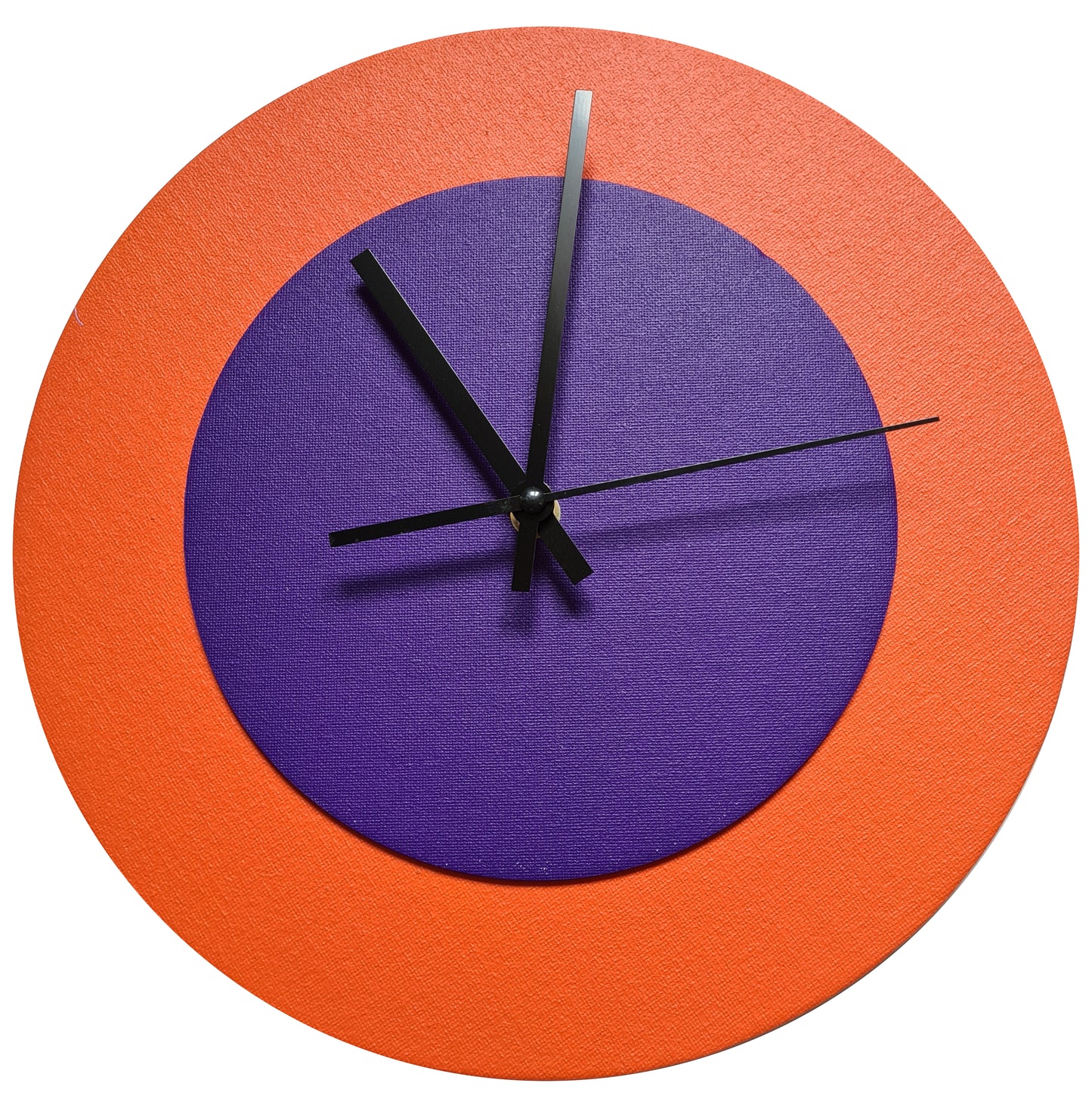Pop Art Wanduhr Orange  Lilafarben mit schwarzen Zeigern 30 cm rund
