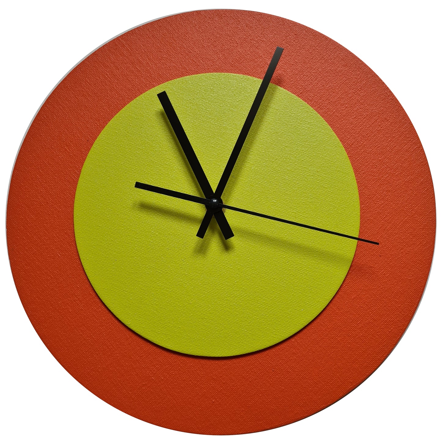 Pop Art Wanduhr Orange  Farngrün mit schwarzen Zeigern 30 cm rund
